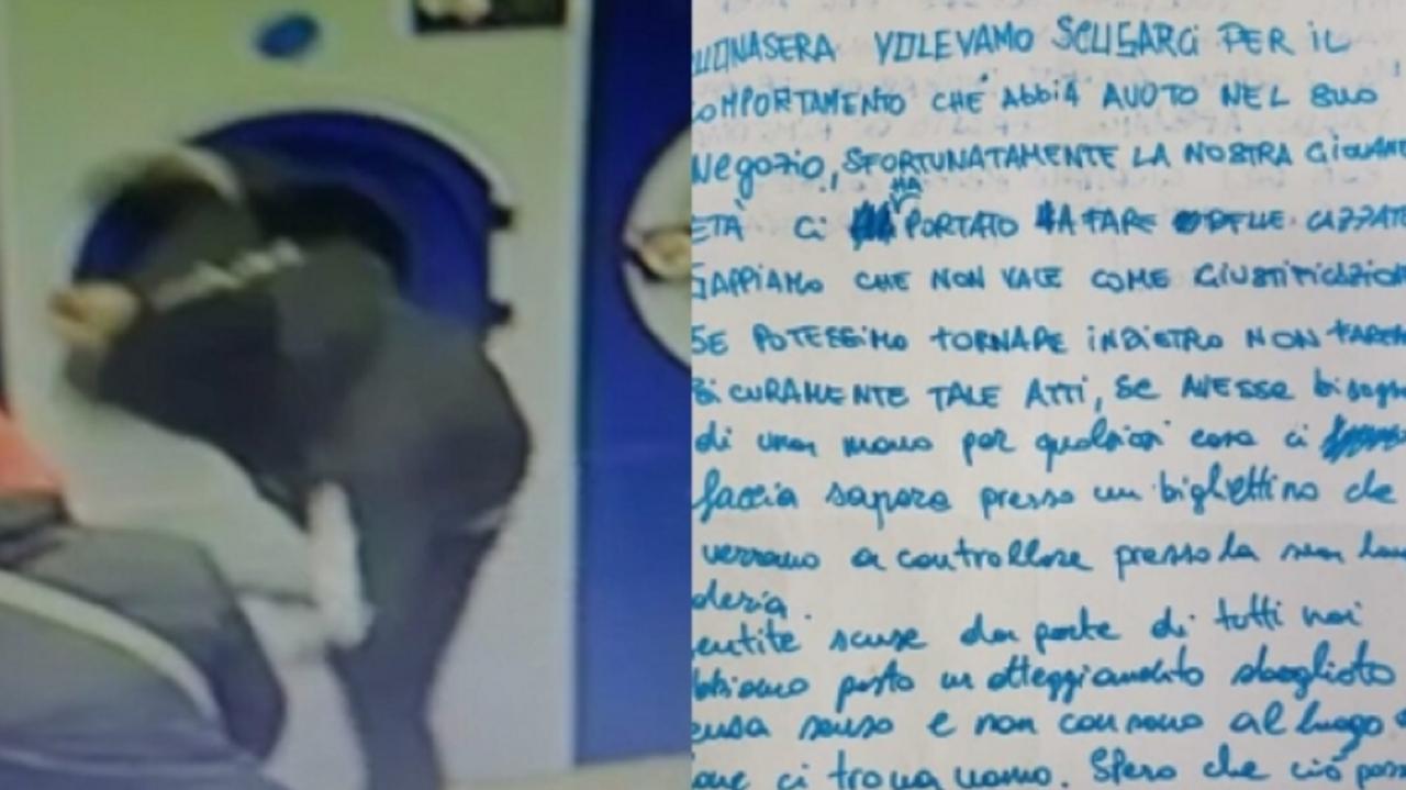 A sinistra un giovane mentre prende a calci un oblò della lavanderia automatica. A destra la lettera di scuse