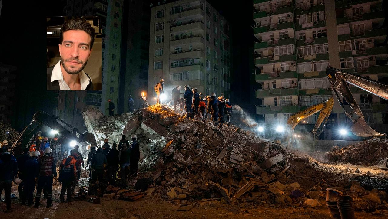 Un'immagine del terremoto in Siria e, nel riquadro, il giovane siriano Moustafa Khlaf