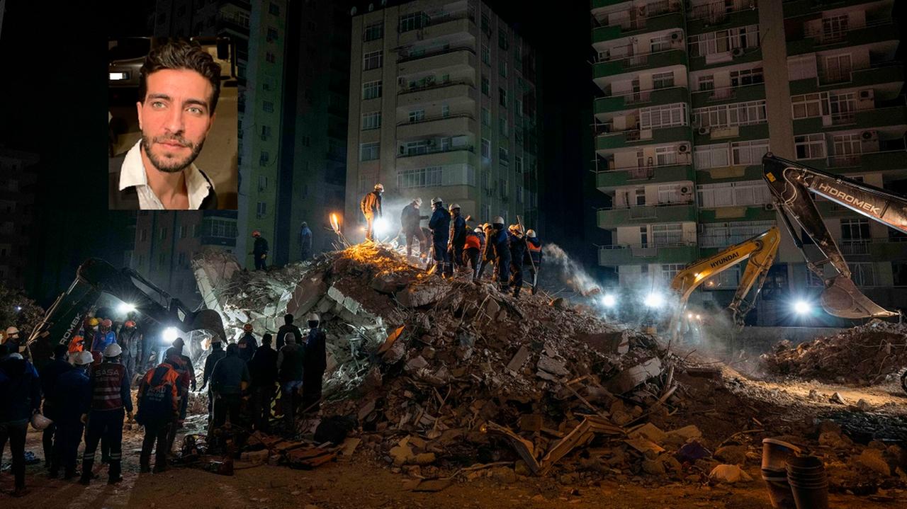 Un'immagine del terremoto in Siria e, nel riquadro, il giovane siriano Moustafa Khlaf