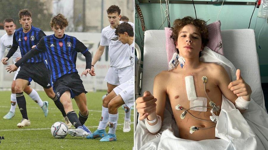 
	A sinistra Jacopo Frosali con la maglia del Pisa, squadra per cui gioca adesso. A destra il giovane calciatore dopo l&rsquo;operazione (foto concesse dalla famiglia)

