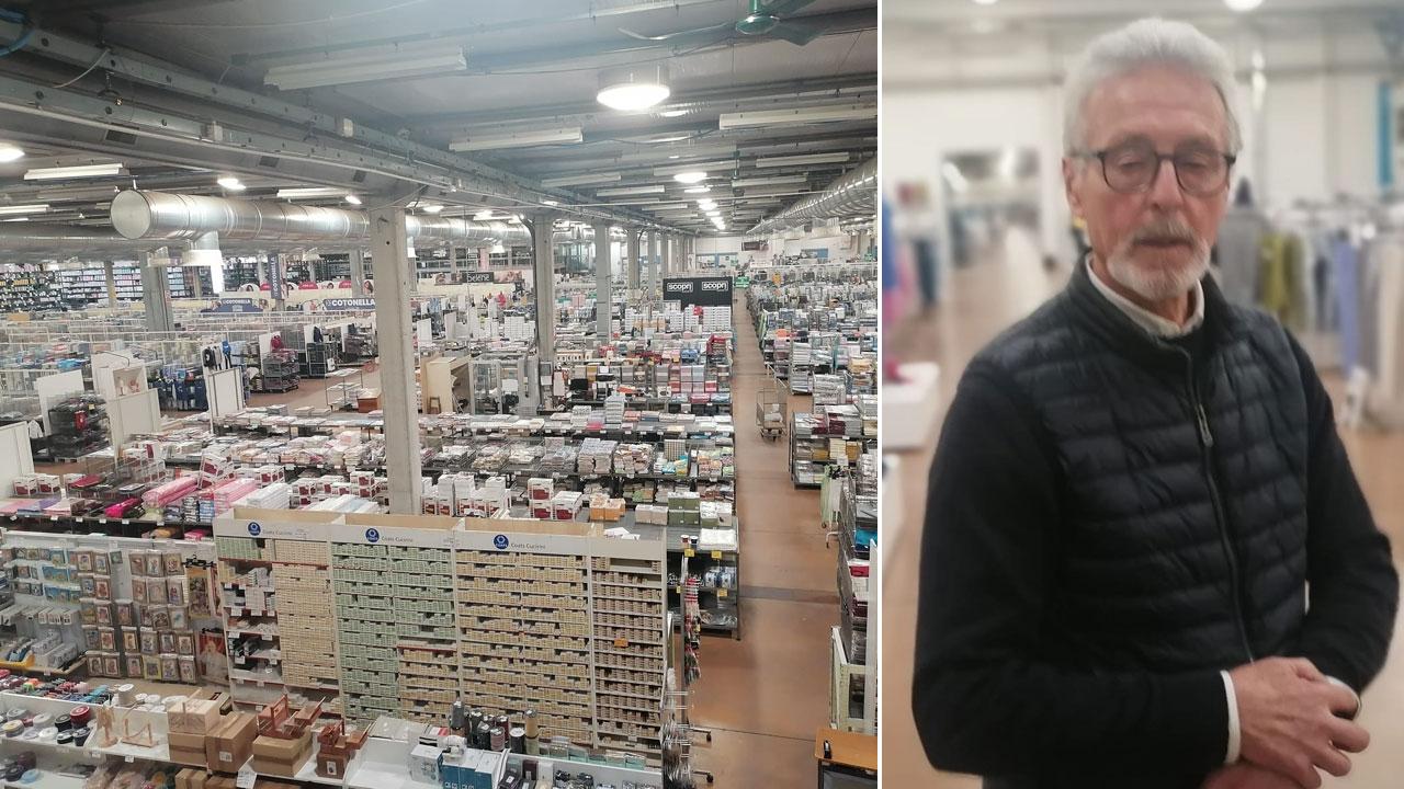 L’interno del magazzino di Altopascio e Pierpaolo Viti