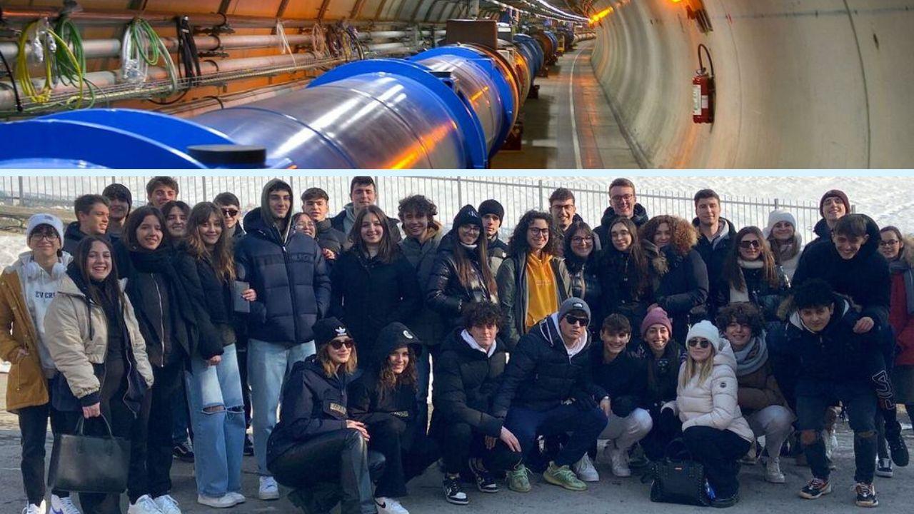Nella parte alta l'interno del Cern, sotto i ragazzi di Pontedera in visita a Ginevra