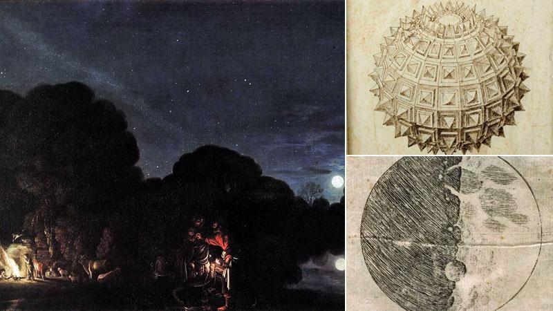 Il dipinto Fuga dall’Egitto di Elsheimer, oggetto di moltissimi studi postumi da parte degli esperti di astronomia; la luna immaginata da Daniele Barbaro e, sotto, un disegno dal Sidereus Nuncius
