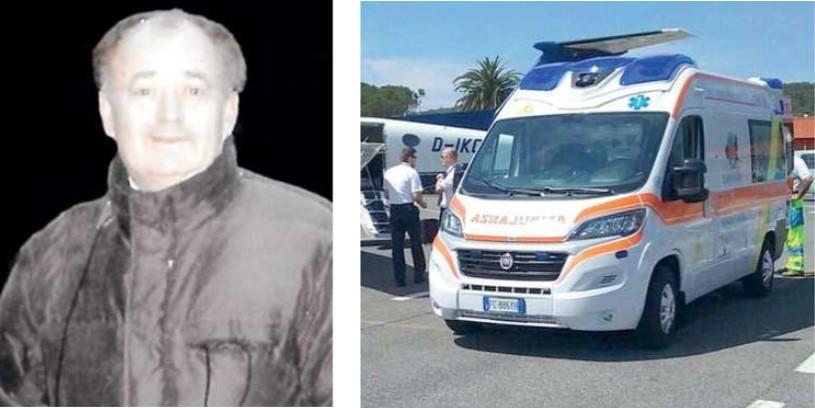 Umberto Fantauzzo aveva 82 anni. A destra un’ambulanza dei volontari della Misericordia