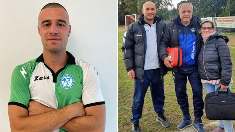 A sinistra Alessandro Mori, a destra i tre salvatori Filippo Galeotti (allenatore del Ribolla), Roberto Daiqui (presidente del Suvereto) con in mano il defibrillatore, e l’infermiera Beatrice Passaglia