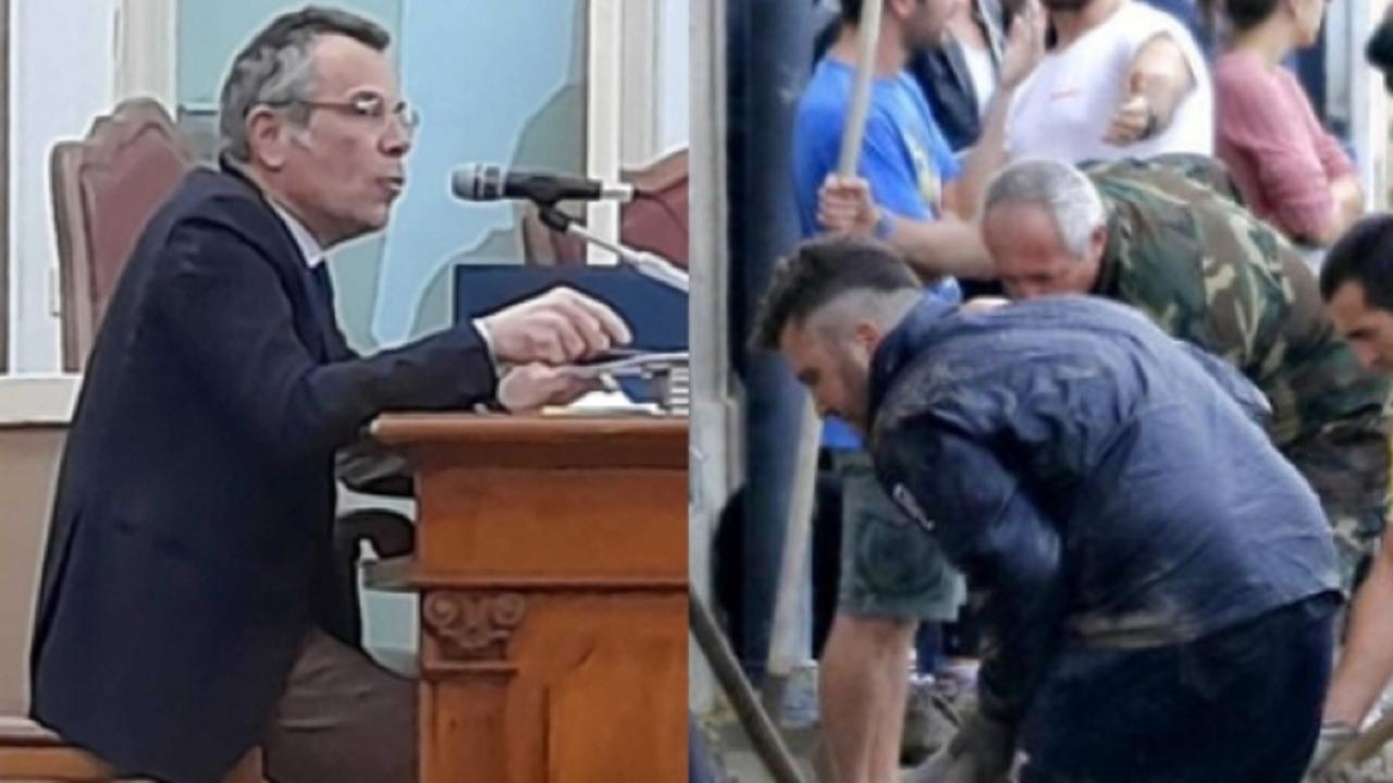 A sinistra il professor Luca Ferraris, a destra gli "angeli del fango"