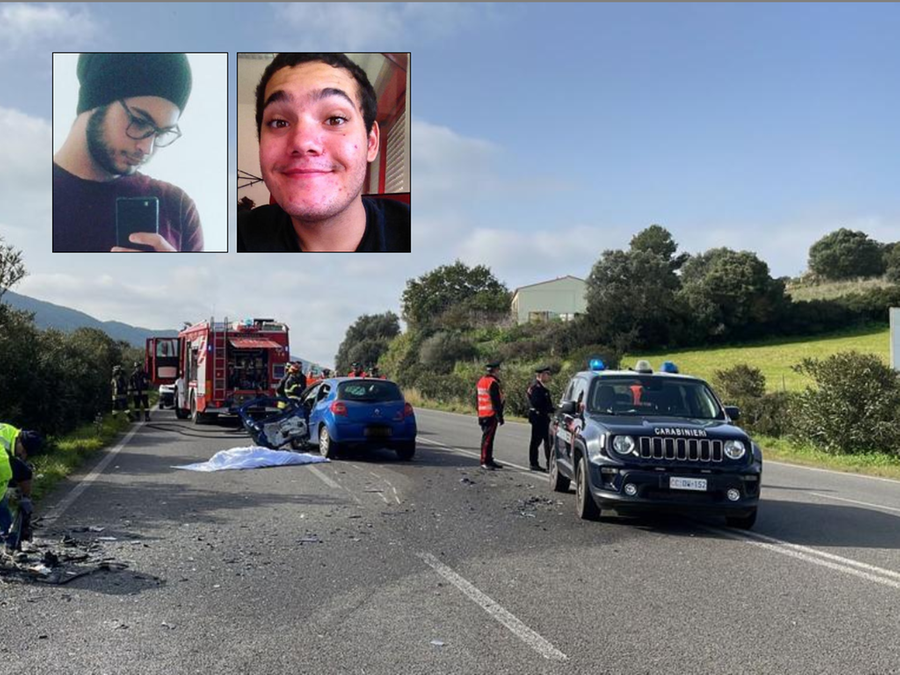 Le vittime Federico Pinna e Nicola Medda, sullo sfondo l'incidente (foto Rosas)