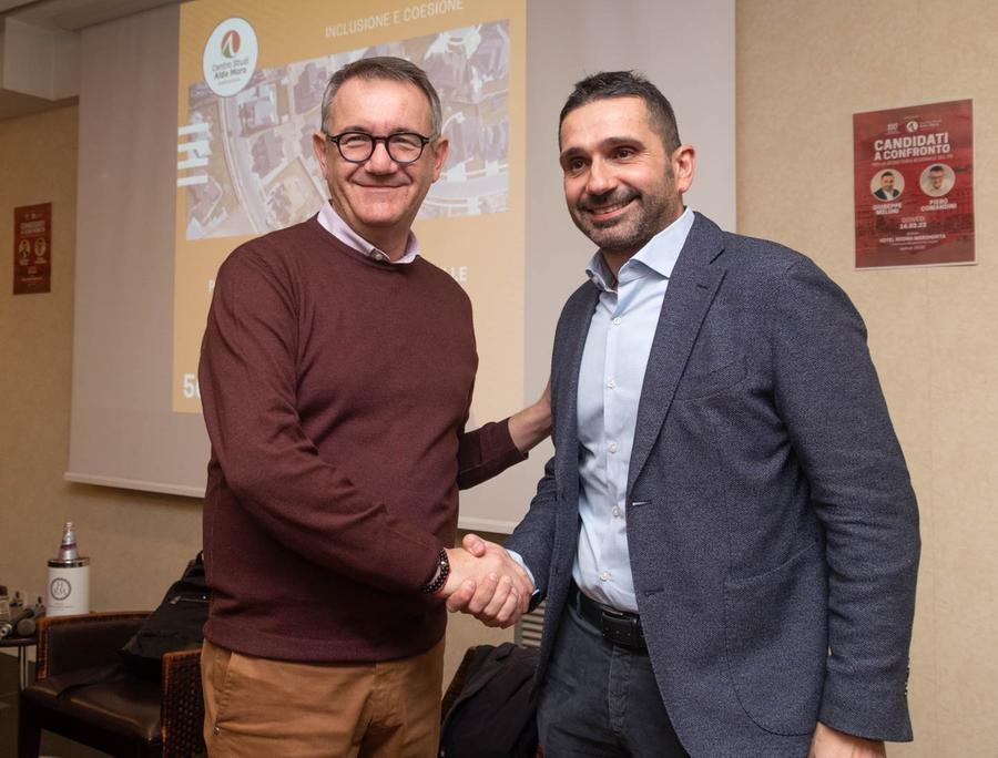 
	Piero Comandini e Giuseppe Meloni, la stretta di mano dopo il&nbsp;confronto che ha preceduto le Primarie


