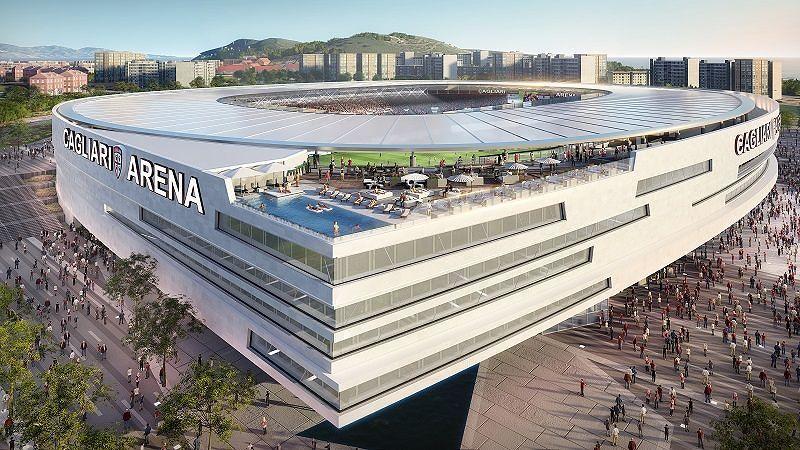 Il lato del nuovo stadio con la piscina in cima e sotto l'hotel