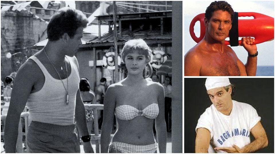 Renato Salvatori (ex bagnino versiliese ) con Marisa Allasio nel film “Poveri ma belli”. Dall’alto 2 bagnini iconici: David Hasselhoff di Baywatch; Panariello del bagno Maria di Forte dei Marmi