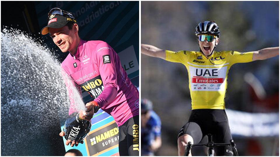 Primoz Roglic festeggia la vittoria e Tadej Pogacar all’arrivo