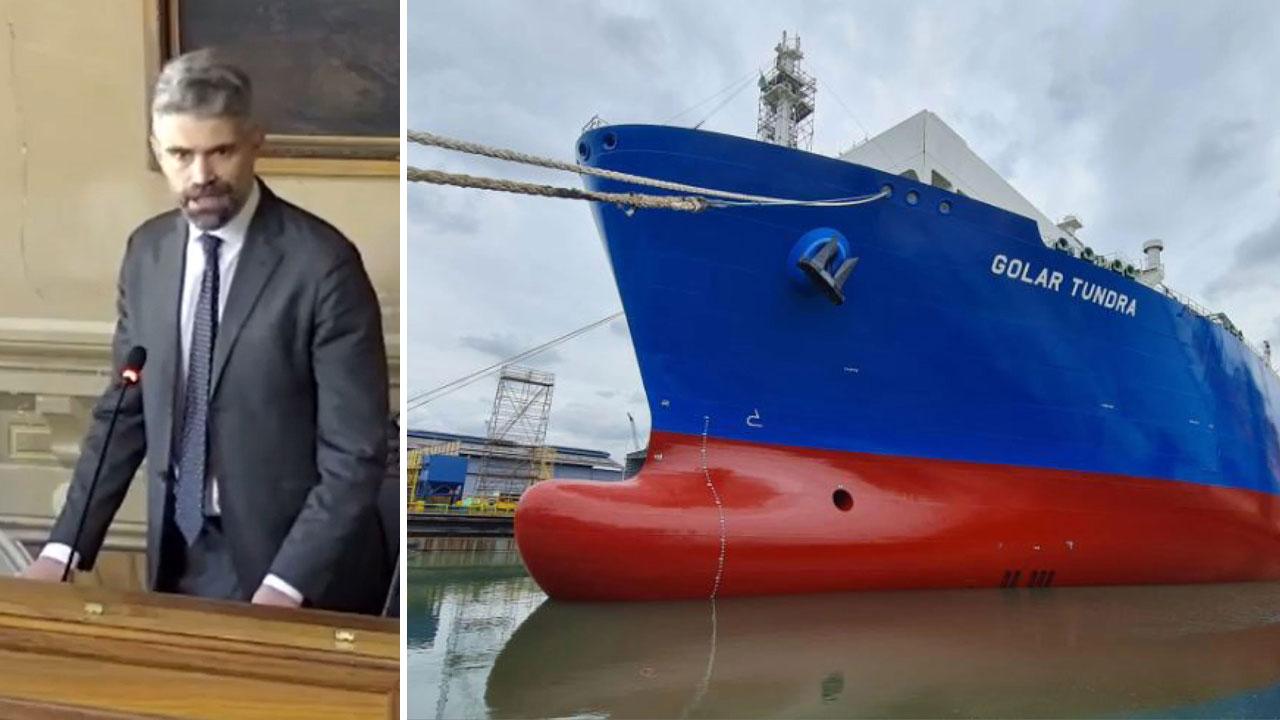 Il sindaco di Piombino Francesco Ferrari e la nave rigassificatore Golar Tundra