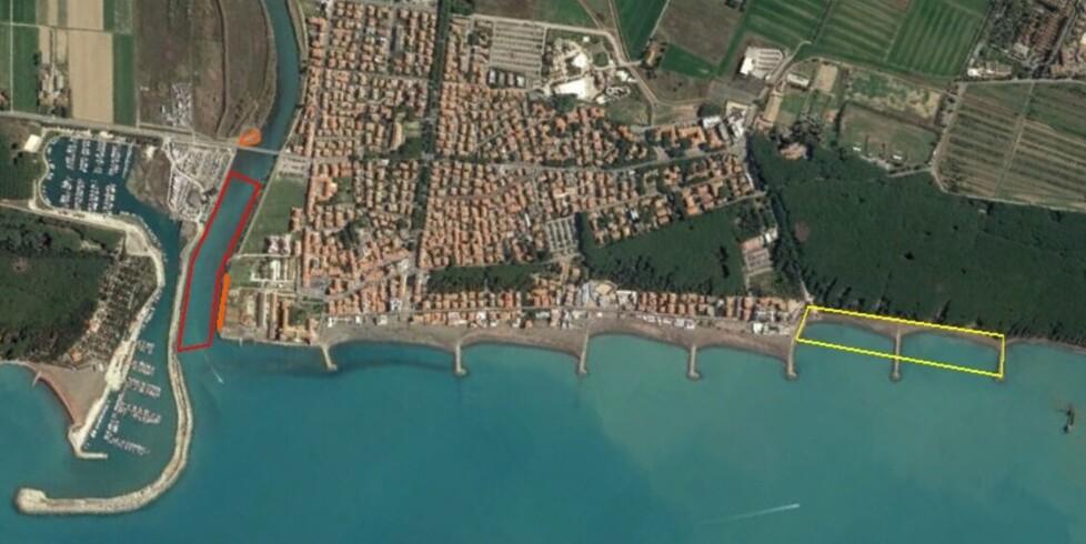 In rosso, il punto del fiume Cecina dal quale saranno prese le sabbie per ripascere la costa (in giallo)