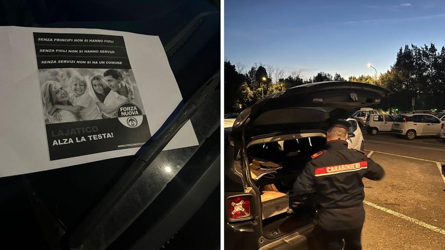 
	A sinistra il volantino distribuito dai militanti di Forza Nuova; accanto l'intervento dei carabinieri (Foto di Franco Silvi)

