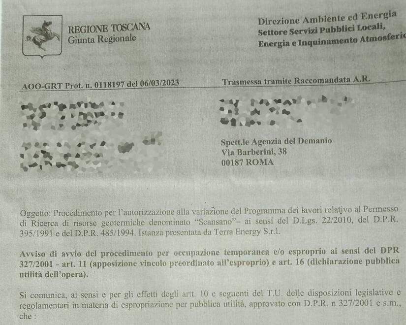 Una lettera di esproprio recapitata dalla Regione a  un proprietari scansanese