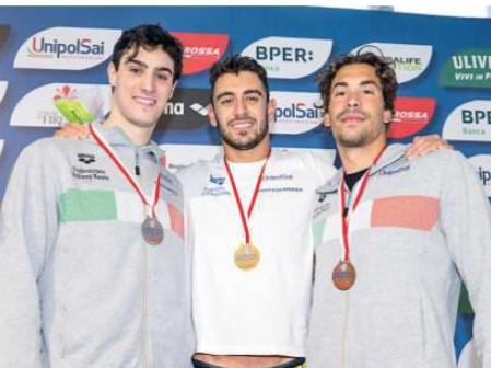 
	Lorenzo Zazzeri (a sinistra), Leonardo Deplano (al centro) e Manuel Frigo sono saliti sul podio del 50 metri stile libero

