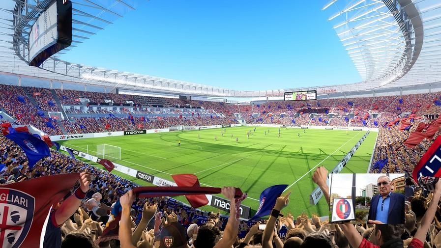 Il rendering dell'interno del nuovo stadio. Nel riquadro, Gigi Riva