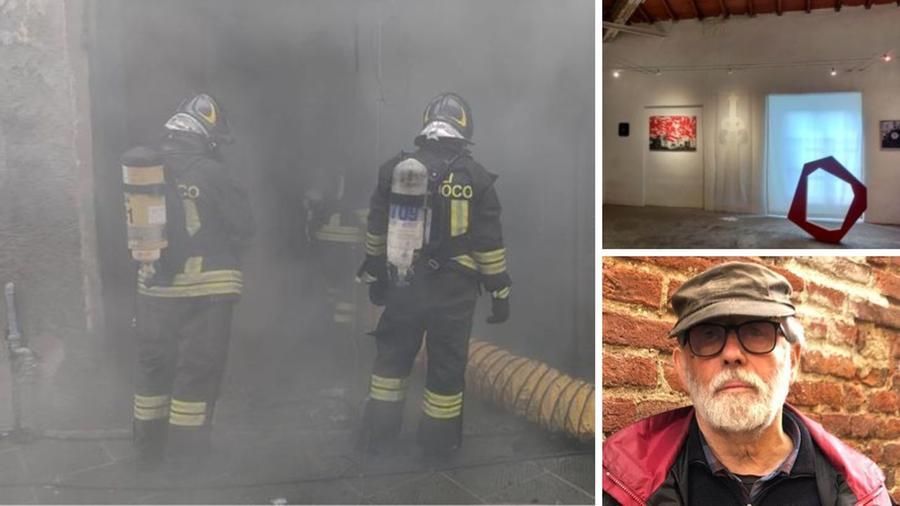
	Nella foto grande i vigili del fuoco all'ingresso di quel che resta della galleria d'arte nel centro di Pisa; a destra in alto lo Studio Gennai in una foto di alcuni mesi fa; sotto Delio Gennai

