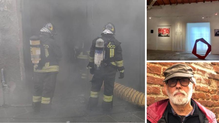 Nella foto grande i vigili del fuoco all'ingresso di quel che resta della galleria d'arte nel centro di Pisa; a destra in alto lo Studio Gennai in una foto di alcuni mesi fa; sotto Delio Gennai