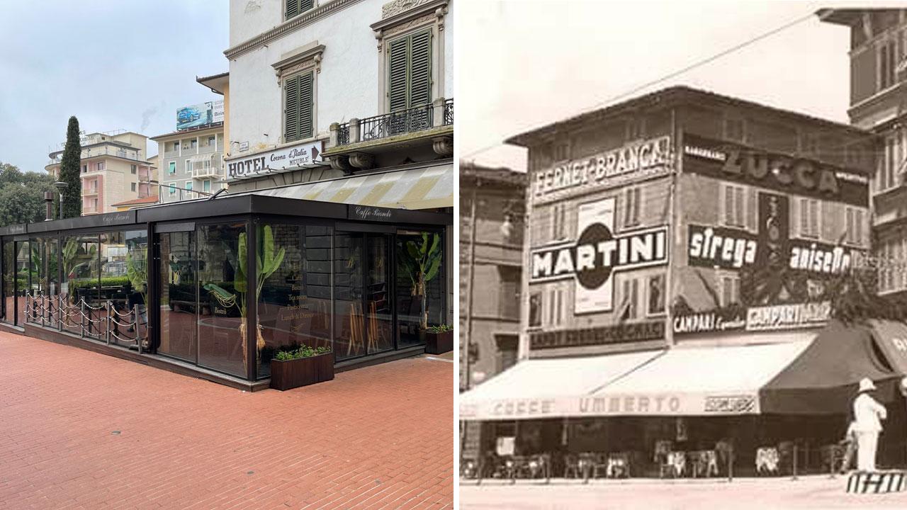 L’attuale bar Biondi con il dehor affacciato su piazza del Popolo; nella foto a destra una immagine storica del locale