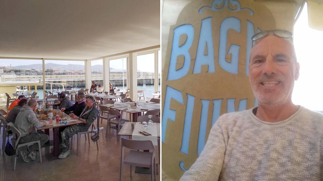 La sala del ristorante dei Bagni Fiume e Armando Neri gestore dei Bagni Fiume
