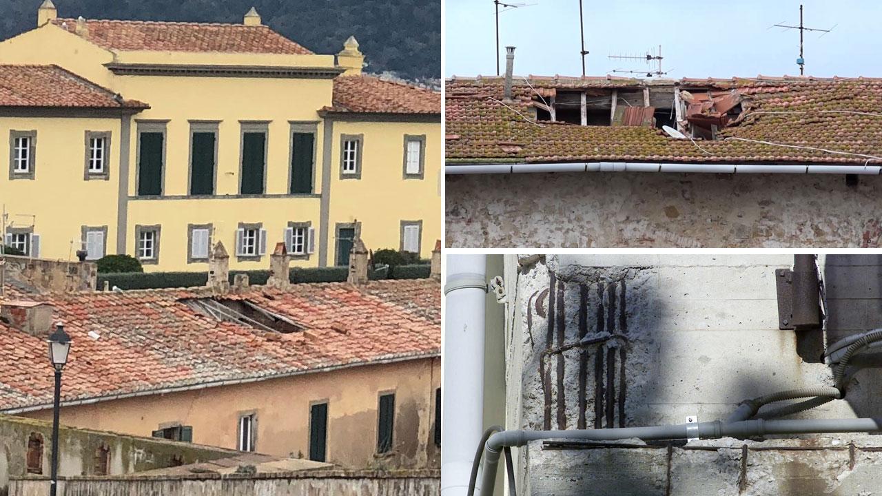 A sinistra il tetto di palazzo Coppedè, a destra in alto quello del Padiglione e, sotto, lo stato dei muri del palazzo della Provincia
