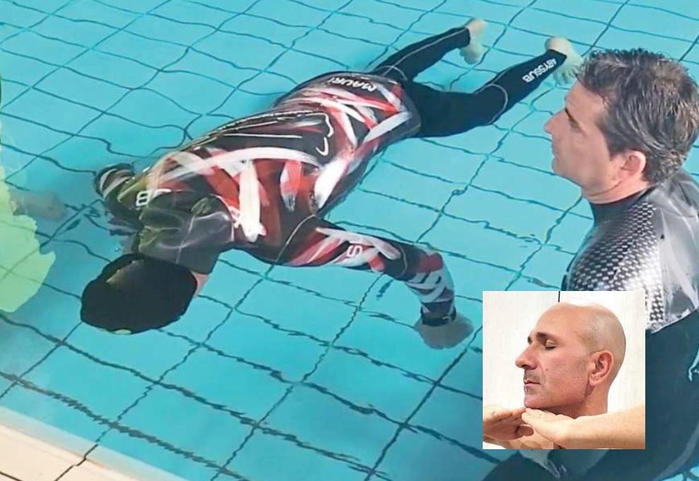 Maurizio Marini durante una gara e nella foto nel riquadro