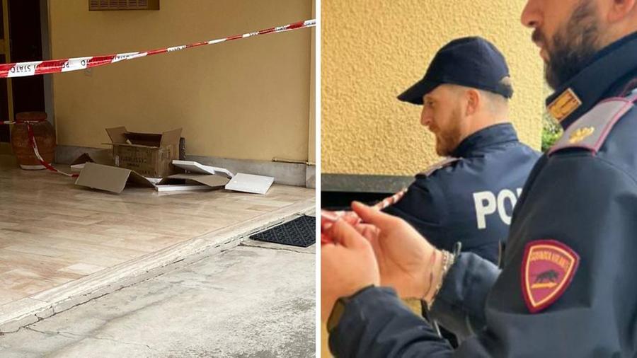 
	A sinistra il pacco sospetto; a destra gli agenti della polizia isolano l'area alla base del condominio&nbsp;

