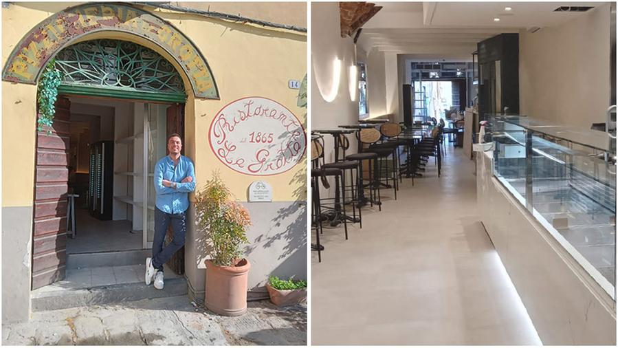 Andrea Coppedè davanti al locale, accanto gli interni dopo il restyling