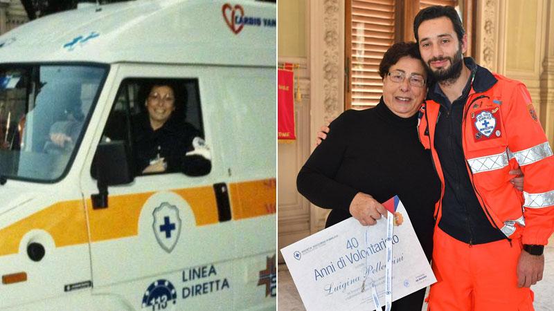 Luigina Pellegrini a bordo della ambulanza e insieme a Gabriele Pellegrini