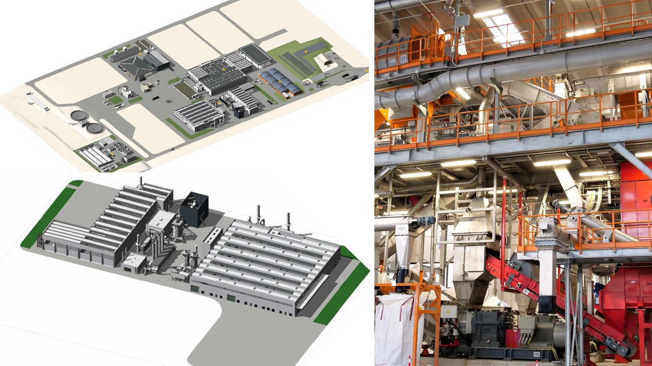 Qui in foto i rendering del progetto a Scarlno. Sopra il planialtimetrico. In basso l’impianto di trattamento del legno, a destra una parte all’interno dell’impianto Iren a San Giorgio di Nogaro