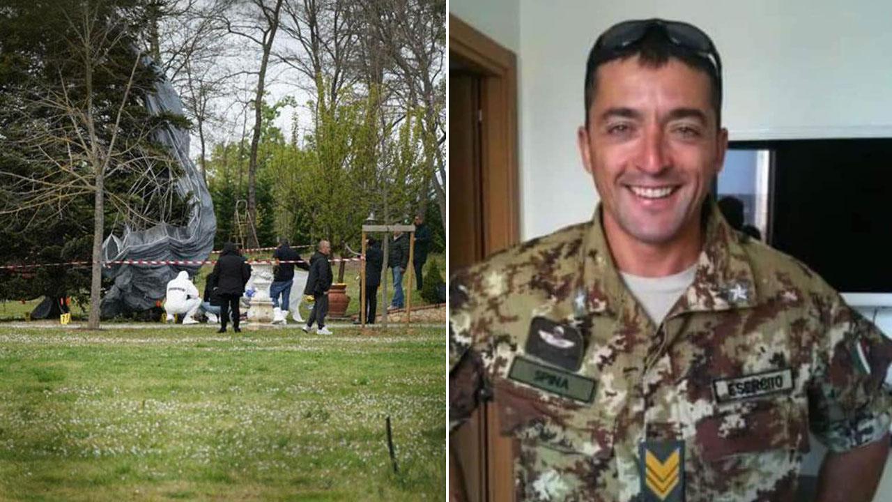 I rilievi degli investigatori sul luogo della caduta. A destra la vittima, Gianluca Spina