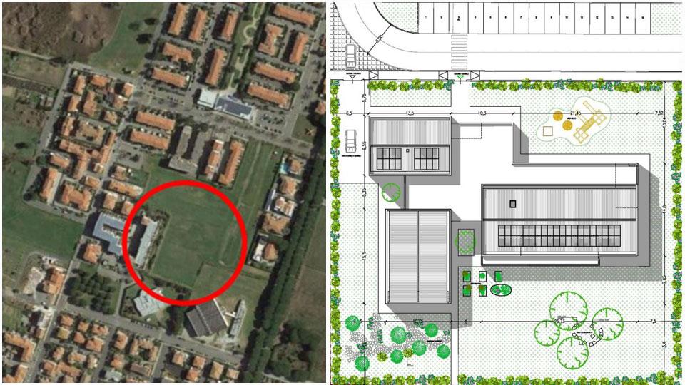 La foto aerea del luogo dove sorgerà il nuovo asilo nido a Marina di Cecina e, a destra, la planimetria