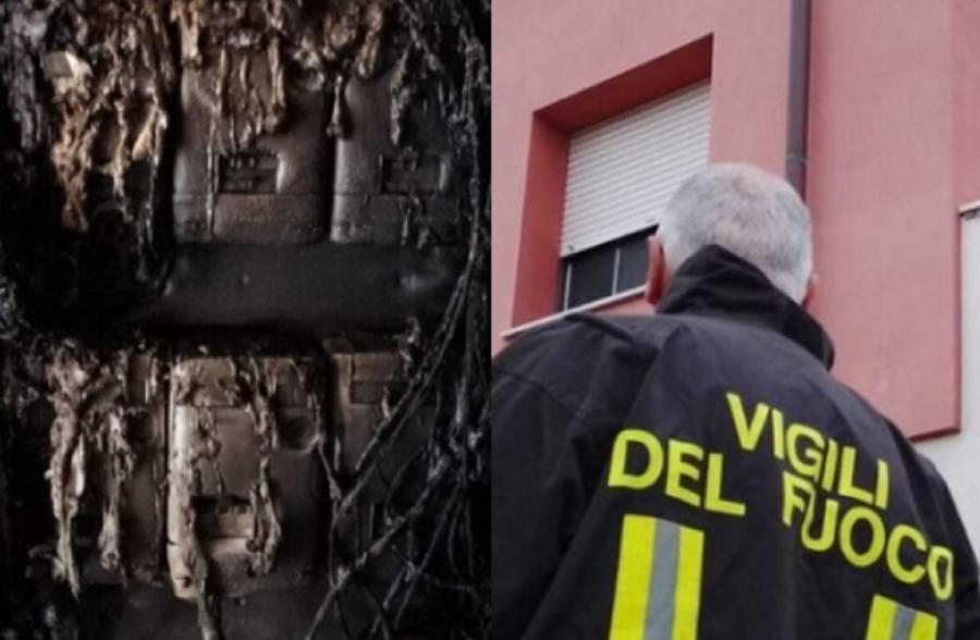 
	A sinistra il contatore liquefatto dalle fiamme, a destra un vigile del fuoco al lavoro in mattinata (foto Daniele Stefanini/Agenzia Silvi)

