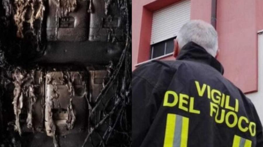 A sinistra il contatore liquefatto dalle fiamme, a destra un vigile del fuoco al lavoro in mattinata (foto Daniele Stefanini/Agenzia Silvi)