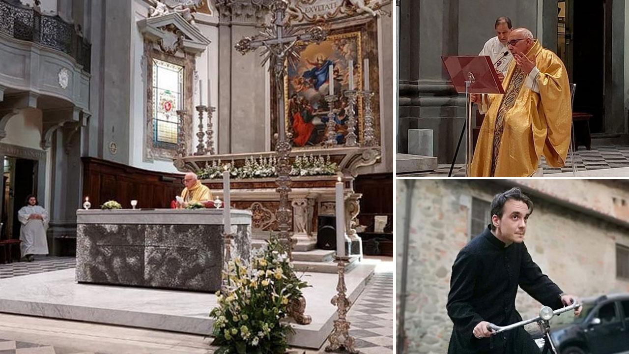 Nella foto a sinistra l’ultima messa che ha celebrato don Oreste in Cattedrale e in alto a destra sempre don Oreste e sotto don Valerio
