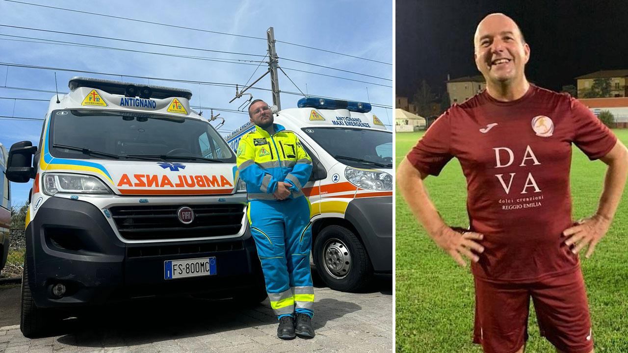 Nella foto di sinistra Andrea Tozzi e Alfredo Cellieri, il carabiniere in congedo di 58 anni durante una partita di calcetto che si è disputata nella zona di Reggio Emilia (foto da Facebook)