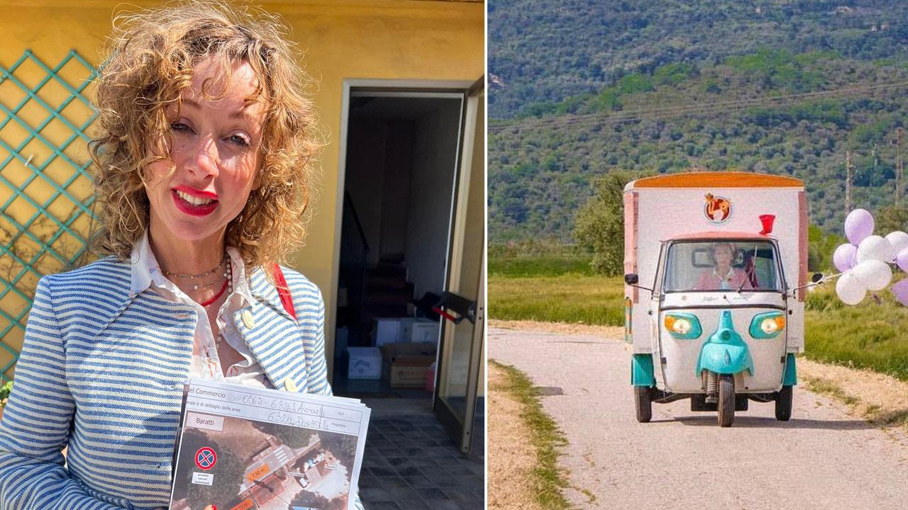 Gianna Gentili con i documenti che l’autorizzano a stare a Baratti. Nella foto accanto è a bordo del super attrezzato Ape