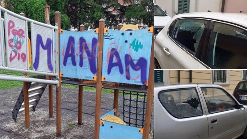 Montecatini, vetri in frantumi e scritte al parco giochi: un altro raid dei vandali in pieno centro