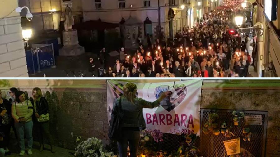 Sopra la fiaccolata che ha sfilato nel centro della città, sotto l'arrivo al Santa Chiara: nel punto in cui è stata uccisa Barbara Capovani 