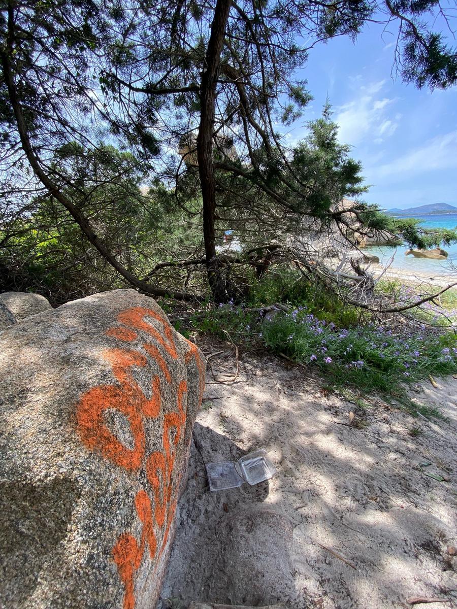 Vandali in azione: masso di granito imbrattato sul sentiero della Spiaggia delle Vacche