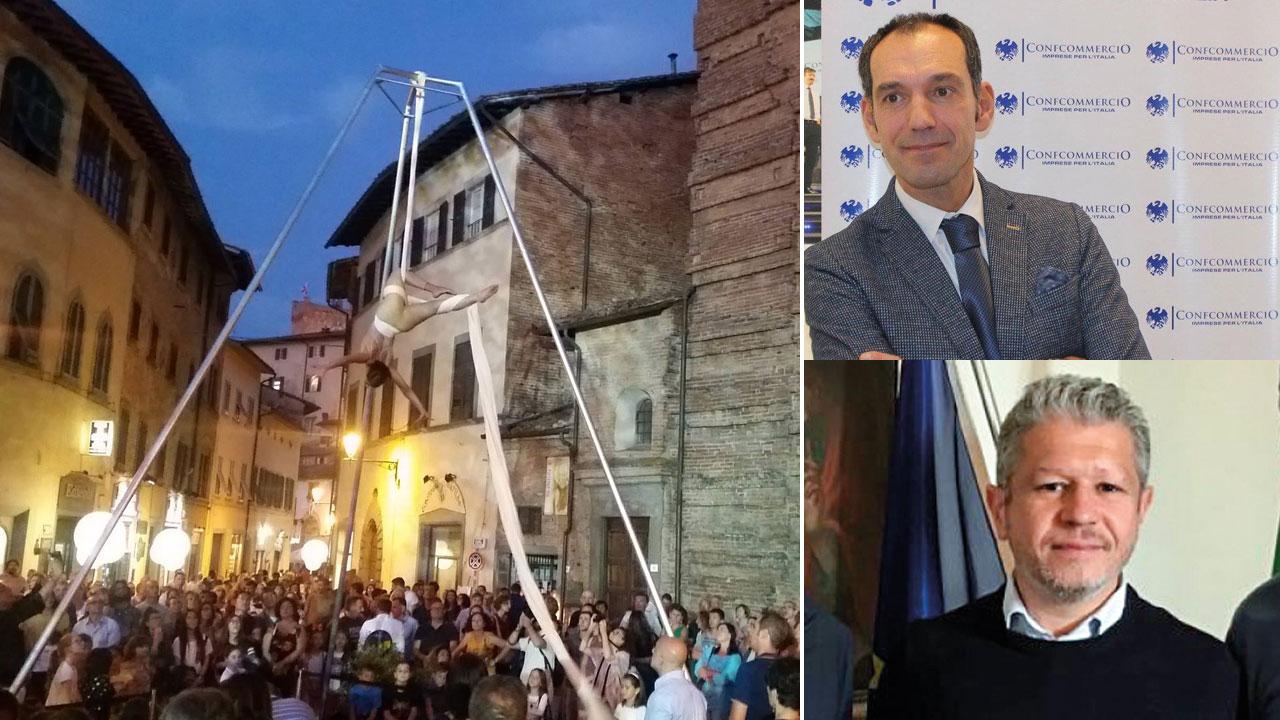 Un momento di un’edizione del passato della Notte Nera e, a sinistra dall’alto, Federico Pieragnoli direttore di Confcommercio e il sindaco Simone Giglioli