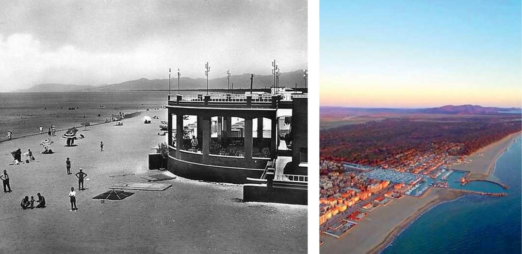 I bagni della Rotonda, simbolo del turismo a Marina negli anni ‘50. A destra una veduta dall’alto della località baciata dal tramonto