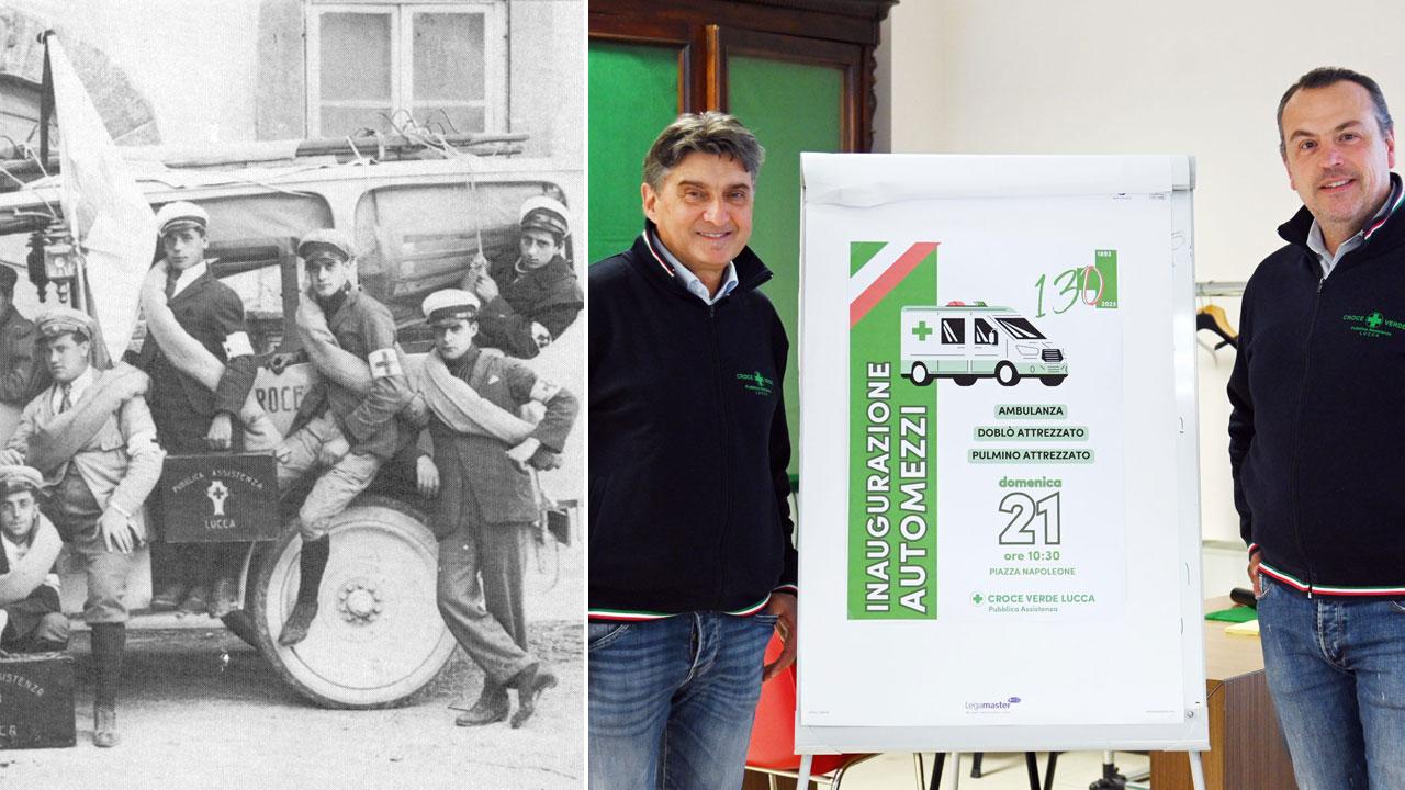 Da sinistra il vice presidente Massimo Perna e il presidente Daniele Massimo Borella. A destra una foto storica della Croce Verde