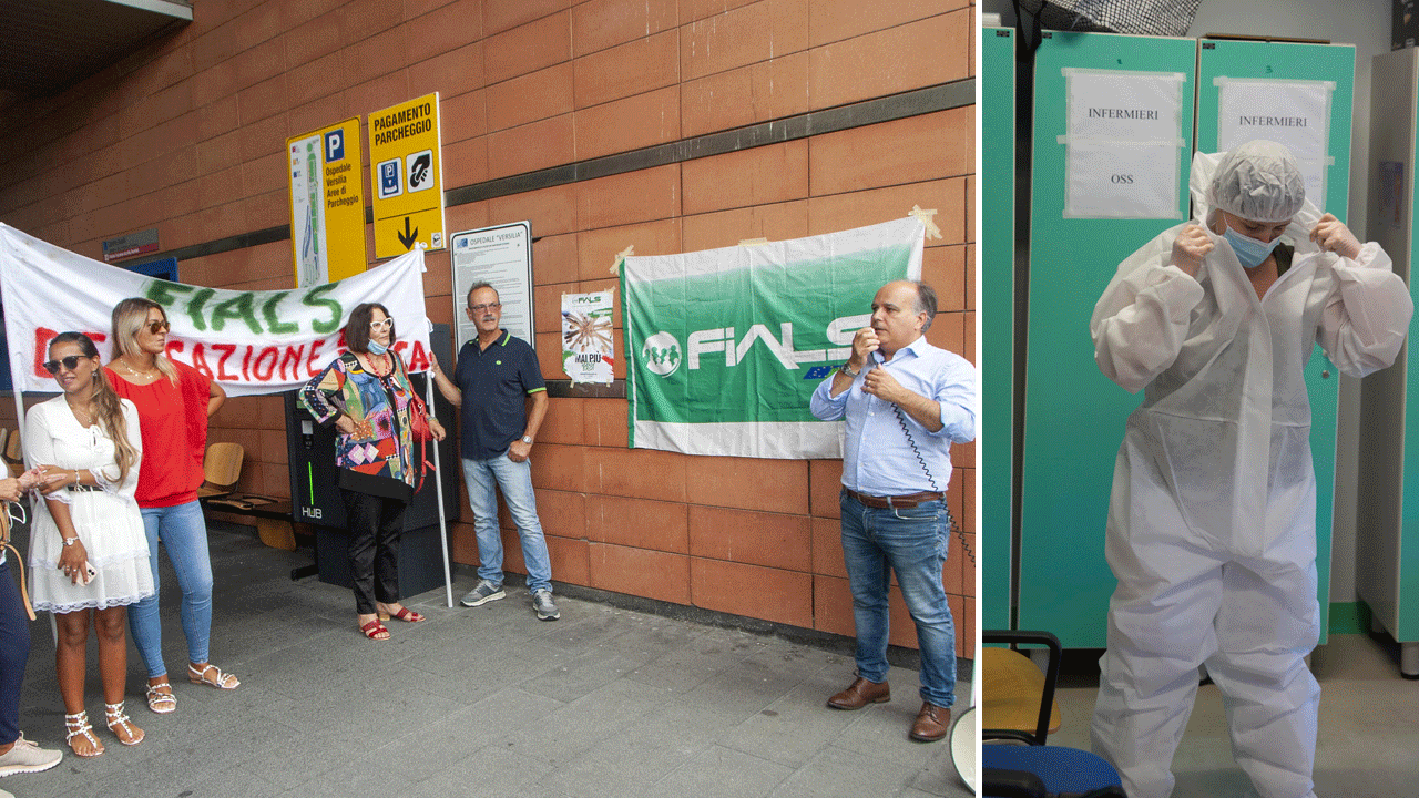 A sinistra nella foto grande protesta del sindacato Fials per chiedere assunzioni, in quella più piccola infermiera si prepara durante la pandemia Covid