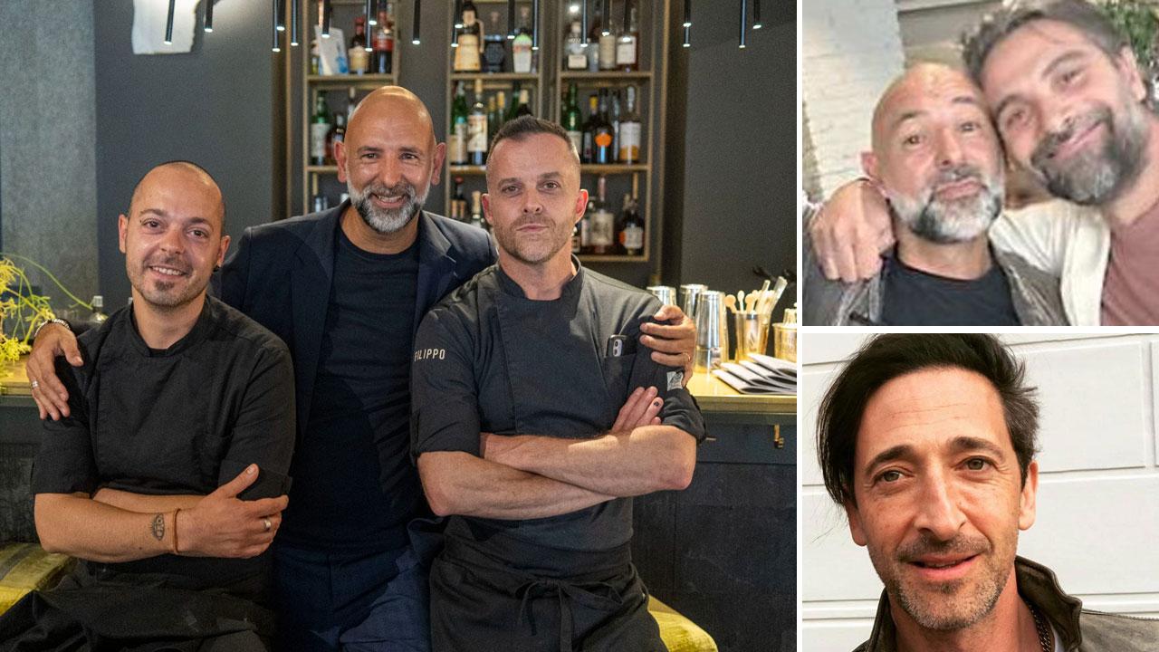 Filippo Di Bartola con gli chef Andrea Papa e Andrea Gemignani, con l’attore Luca Calvani e Adrien Brody, attore premio Oscar per il film Il Pianista di Roman Polanski