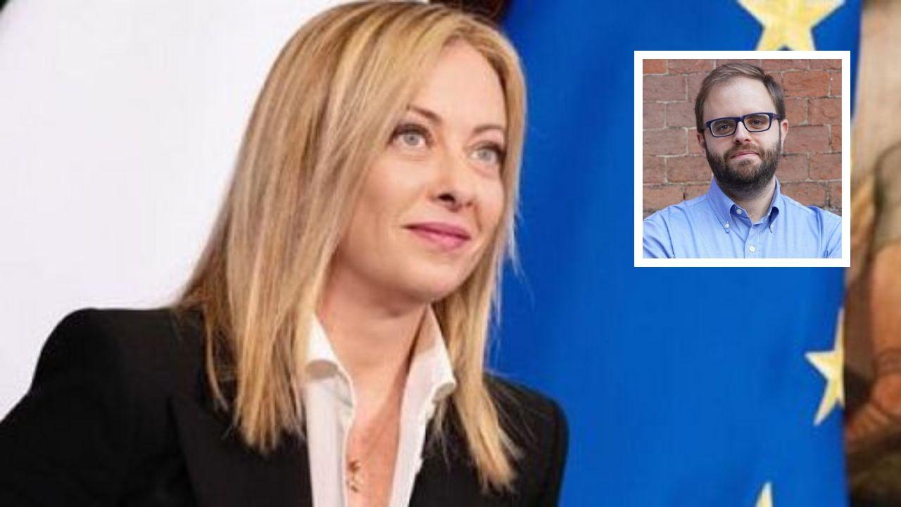 Giorgia Meloni e, nel riquadro, l'analista politico Lorenzo Pregliasco