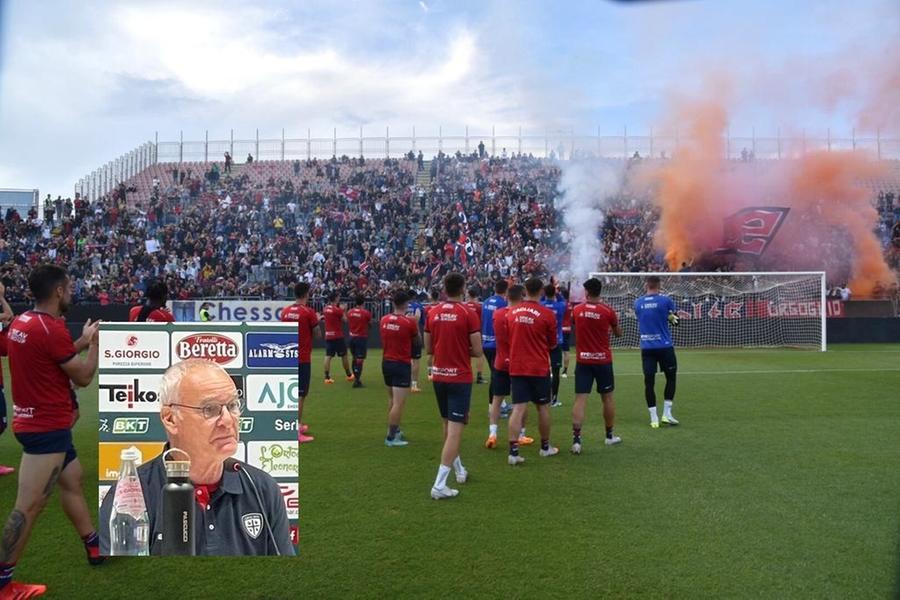 
	I rossobl&ugrave; in campo davanti alla Nord nell'allenamento a porte aperte e nel riquadro Ranieri (foto mario rosas)


