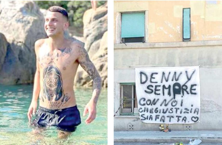 A sinistra Denny Magina il livornese di 29 anni morto il 22 agosto dell’anno scorso dopo la cadutadalla finestra. A destra uno striscione per chiedere giustizia