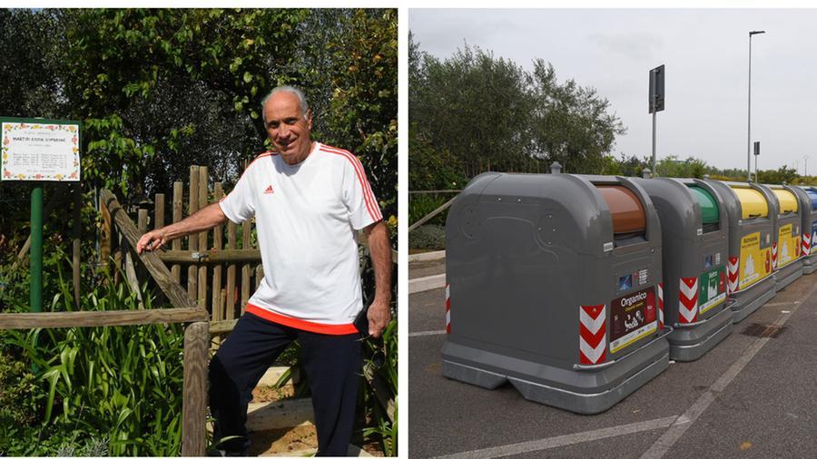 
	Marcello Soldati davanti al memoriale che ha creato alle Stiacciole con roseto e targa dedicati ai martiri di Maiano Lavacchio. A destra, la fila di cassonetti che sono stati collocati dal Comune davanti al roseto

